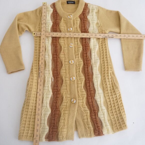 Vintage '60S Mukat Mustard & Brown Cable Knit Button Up Long Cardigan Sweater L - Picture 4 of 13